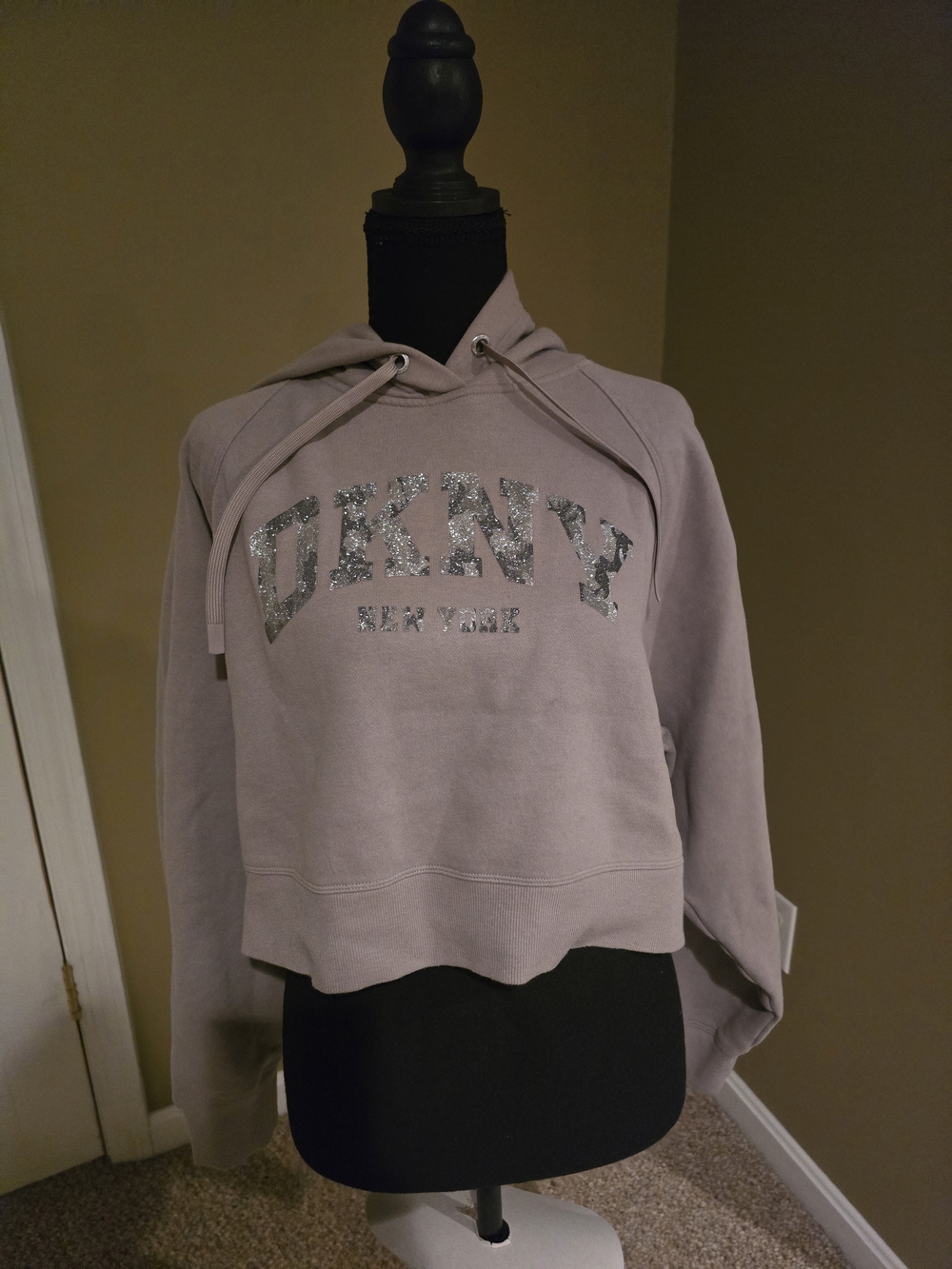 DKNY Lavender Cropped Hoodie with Silver Glitter Logo